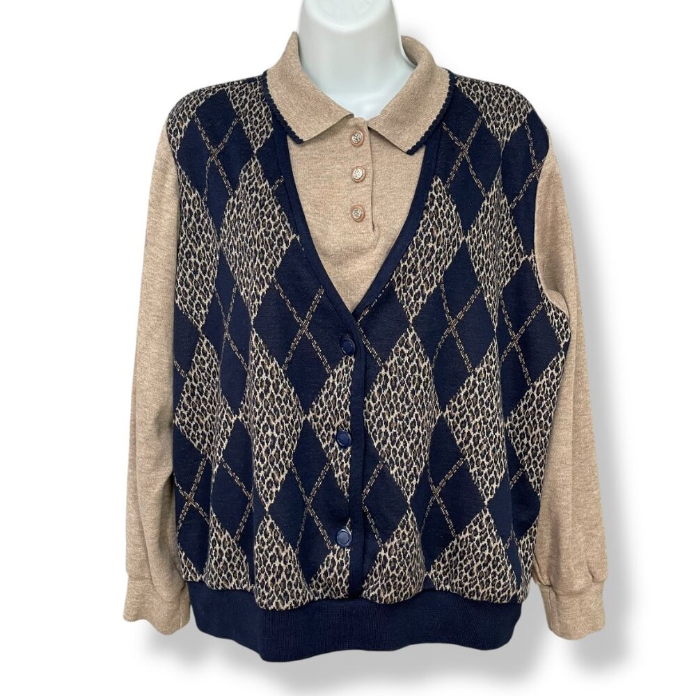 Vintage Argyle Sweater Vest Faux Set Leopard Print Tan Navy Women Size Medium